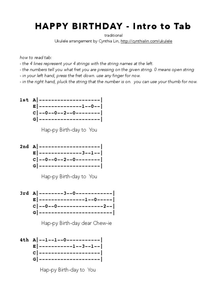 happy birthday intro to tab ukulele chord chart pdf pdf