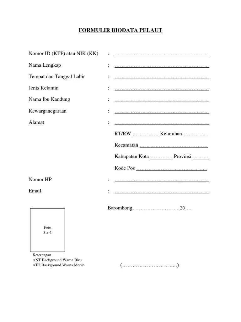 Contoh Formulir Biodata Pelaut