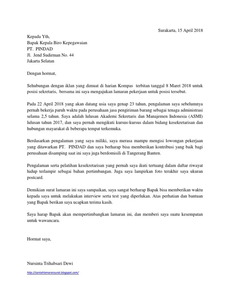 Contoh Surat Lamaran Kerja Menjadi Sekretaris ~ contoh surat lamaran