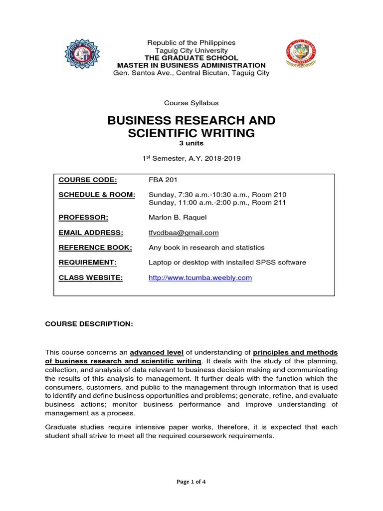 Course Syllabus - Business Research 1st Sem Ay 2018-2019 | PDF | Survey Methodology | Spss