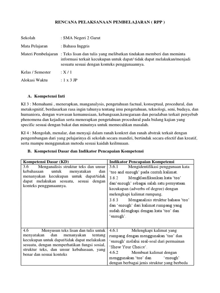 Inilah pembahasan selengkapnya mengenai contoh soal too and enough pilihan ganda dan jawabannya. Rpp Too And Enough Pdf