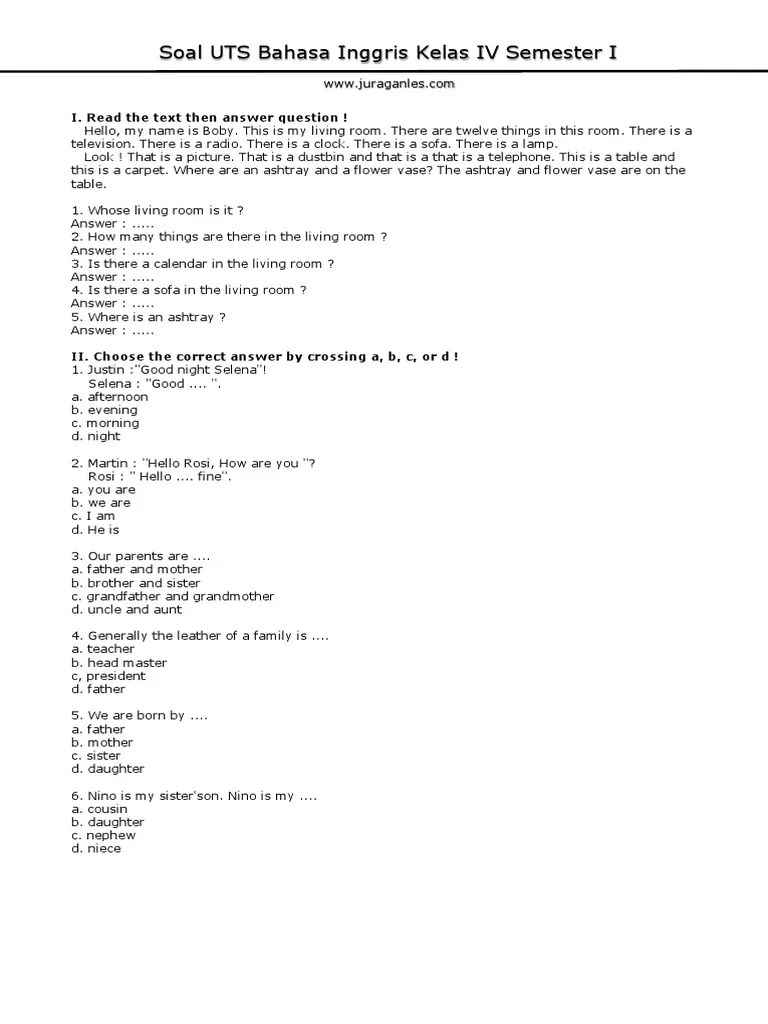 Kunci jawaban soal ulangan tengah semester 1 matematika kelas 4 sd a. Soal Uts Bahasa Inggris Kelas 4 Semester 1 Pdf
