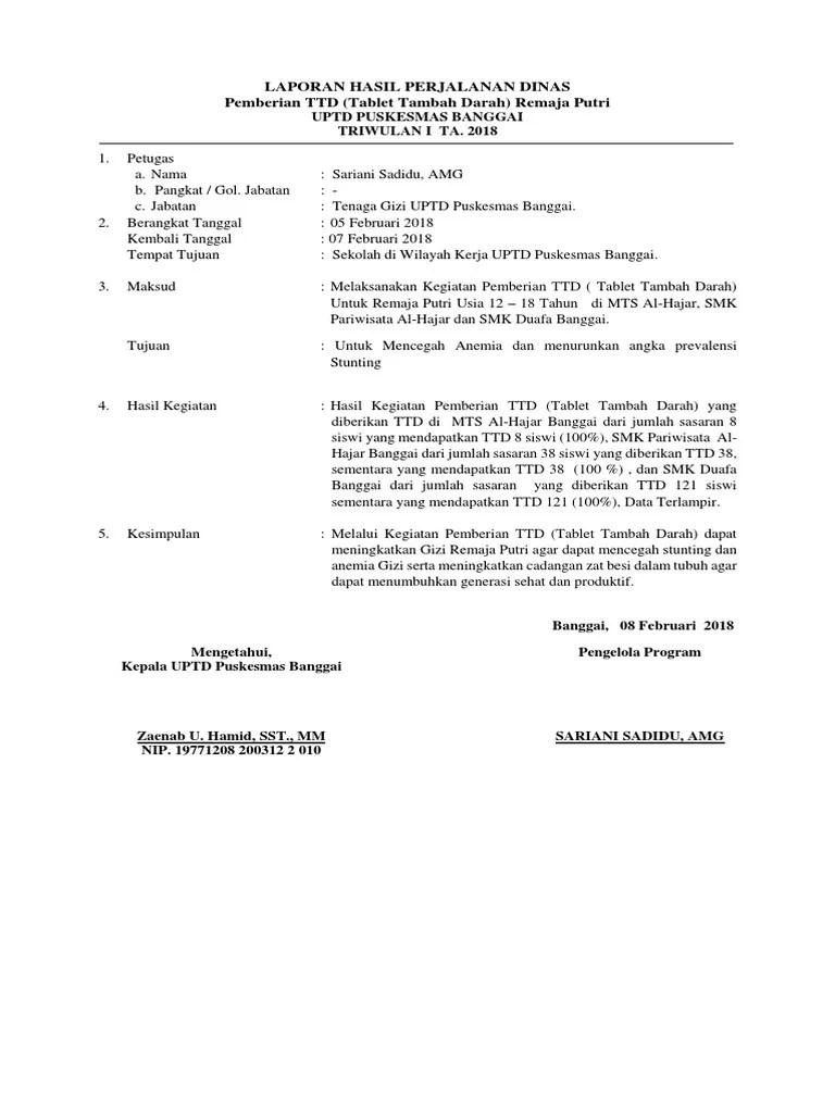 Sesuai penugasan asisten deputi pengembangan pemasaran i regional iv,. Laporan Hasil Perjalanan Dinas Ttd Pdf