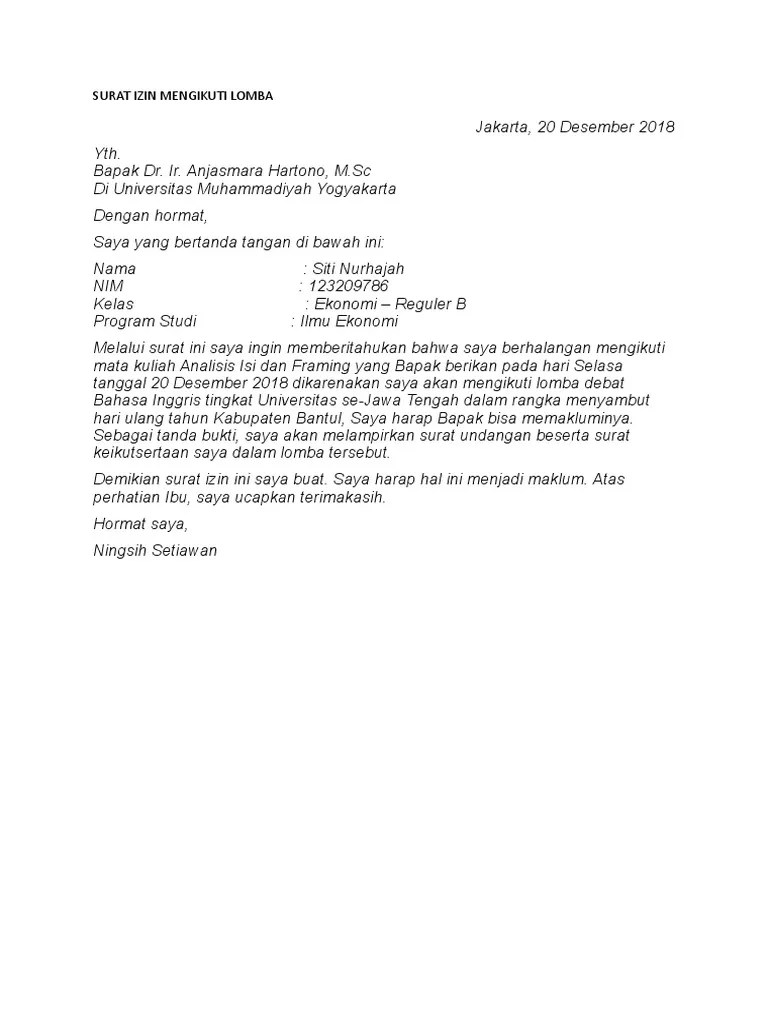 Contoh surat izin dalam bahasa inggris. Surat Izin Mengikuti Lomba Pdf