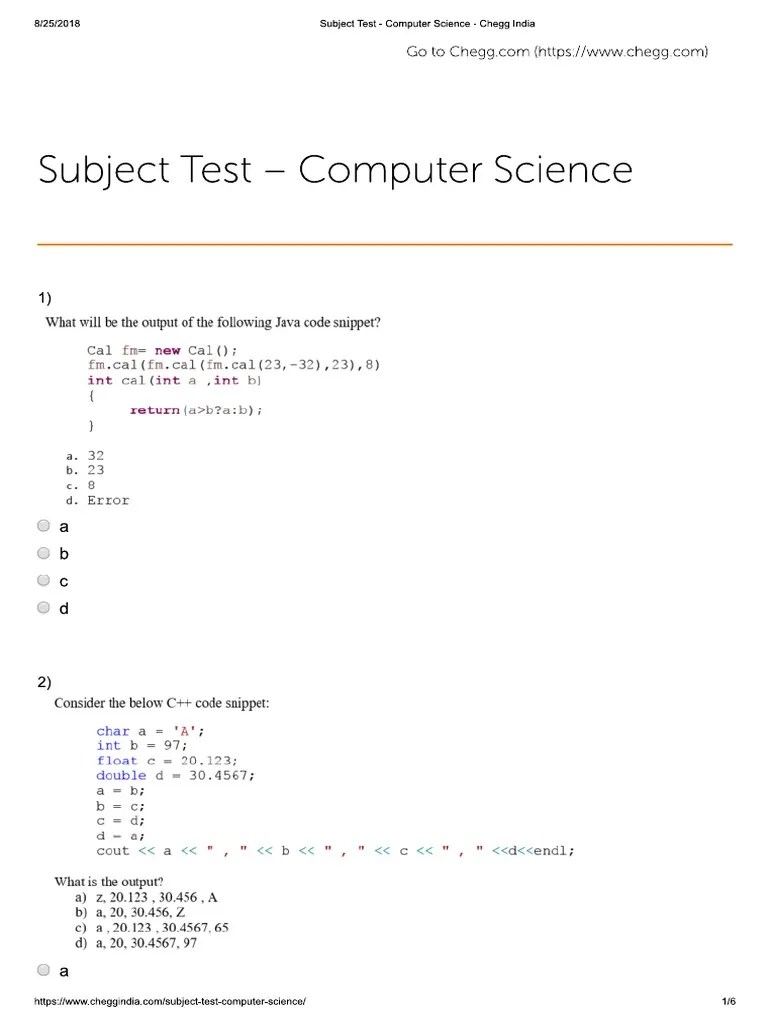 Subject Test - Computer 2 - Chegg India | PDF