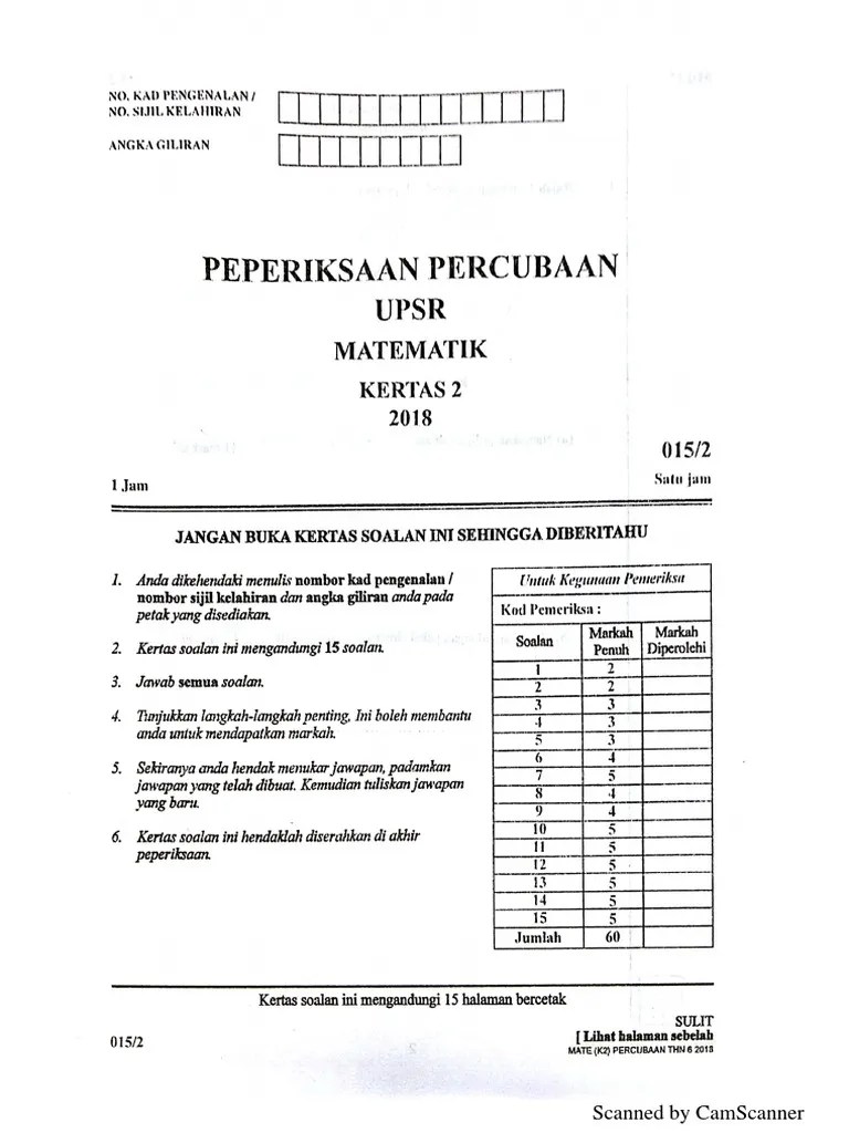 Soalan Percubaan Upsr 2018 Matematik Negeri Kelantan Cute766
