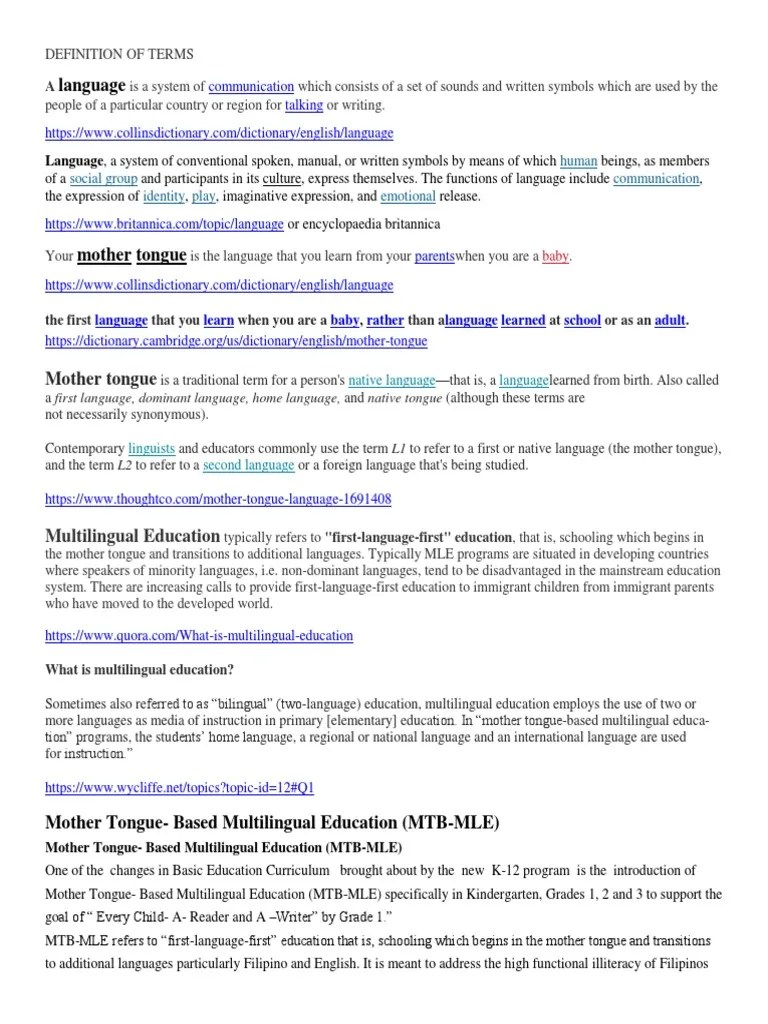 Definition Of Terms | PDF | First Language | Multilingualism