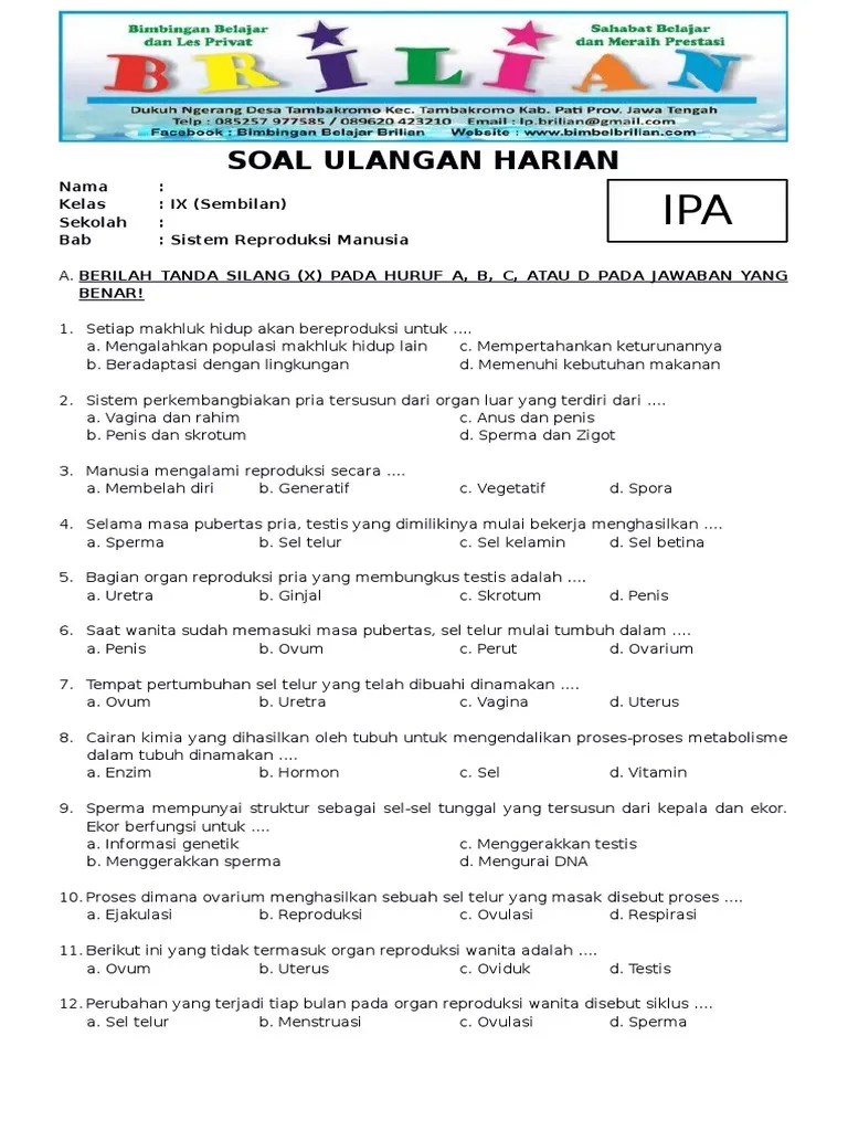 Soal Gambar Alat Reproduksi Smp Smp Kelas 9 Jawabanku Id Contoh Soal Sistem Reproduksi IPA Kelas 9 sebagaimana.