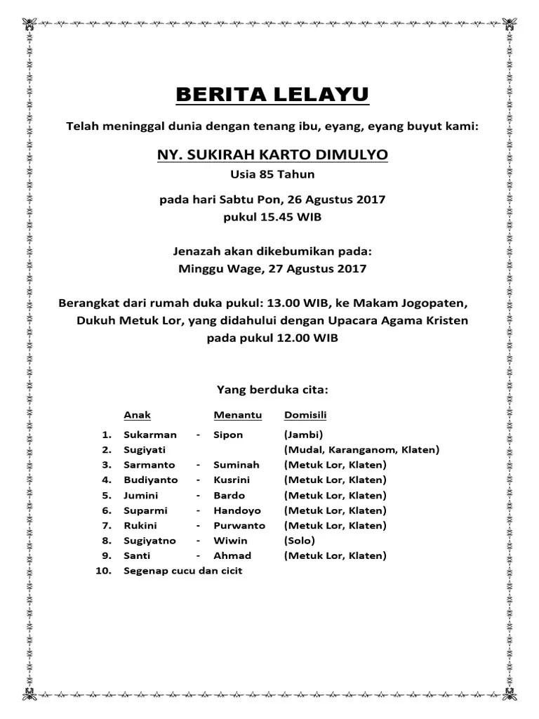 Lelayu itu kabar duka cita atau ada orang meninggal. Berita Duka