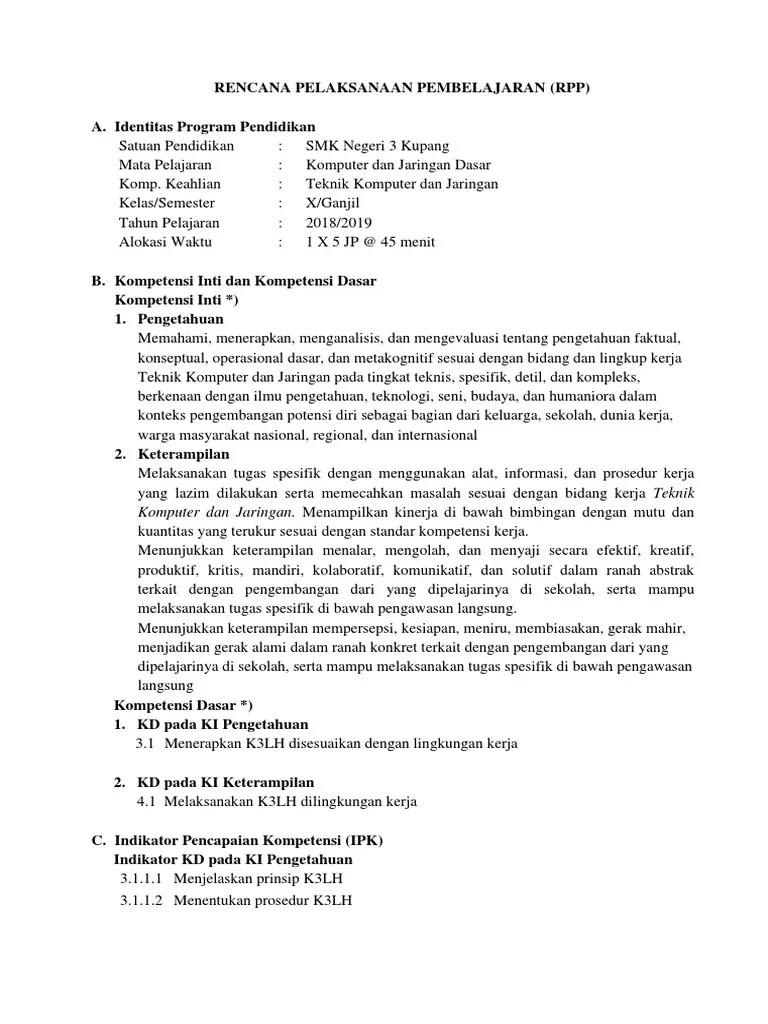 Juga tersedia cd rpp sd/mi, smp/mts, sma/smk(sederajat). Rpp Komputer Dan Jaringan Dasar Kurikulum 2013 Revisi 2017 Doc Temukan Jawab