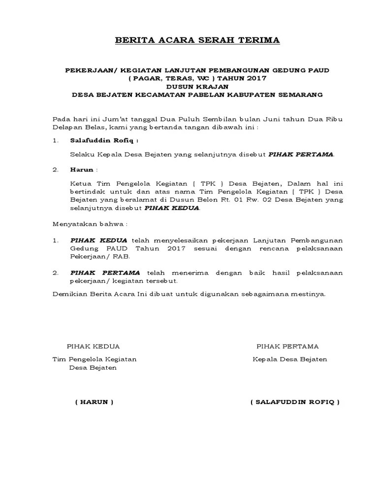 Berita Acara Serah Terima Pekerjaan Rusnas Download Contoh Surat Tanda Terima Barang Format 396 x 539 pixel.