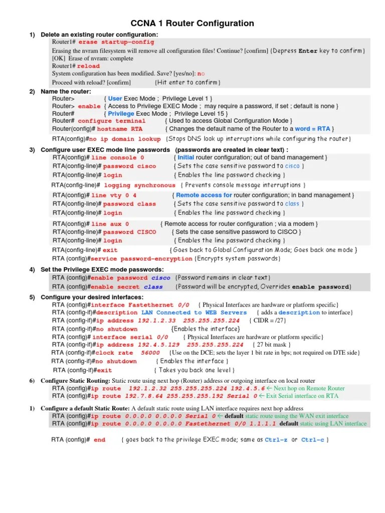 CCNA 1 Router & Switch Configuration Commands | PDF | Router (Computing ...