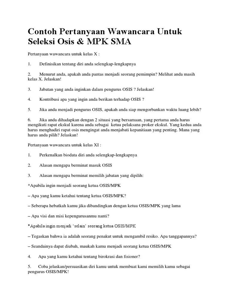 Contoh Pertanyaan Wawancara Untuk Seleksi Osis | PDF