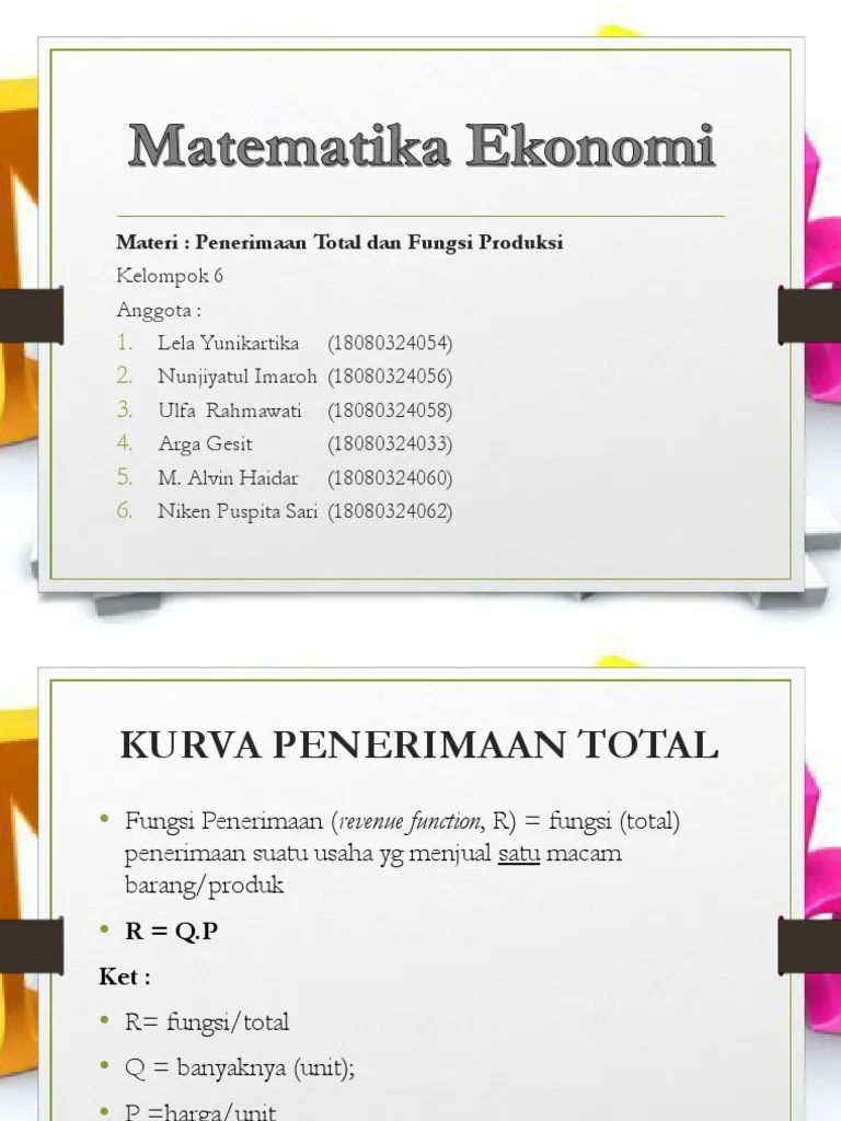 Ar = p = f (q) ; Penerimaan Total Dan Fungsi Produksi