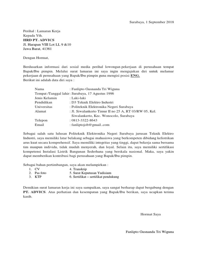 Maka dari itu saya akan . Surat Lamaran Pekerjaan Pt Advics Pdf
