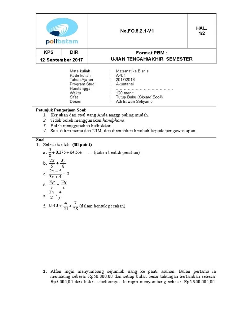 Contoh Soal Matematika Bisnis Semester 1