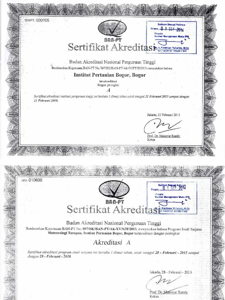 Akreditasi IPB Dan Prodi Meteorologi Terapan SD 2018 | PDF