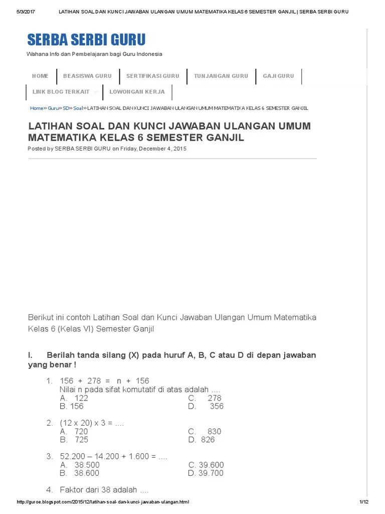 Berikut soal bahasa inggris kelas 7 smp semester 1. Latihan Soal Dan Kunci Jawaban Ulangan Umum Matematika Kelas 6 Semester Ganjil Serba Serbi Guru Pdf