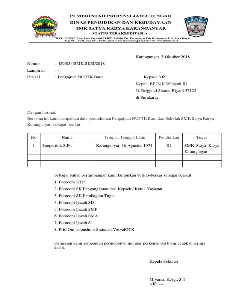 Contoh Surat Pengantar Dari Kepala Sekolah Untuk Pengajuan Nuptk Kumpulan Surat Penting Cute766