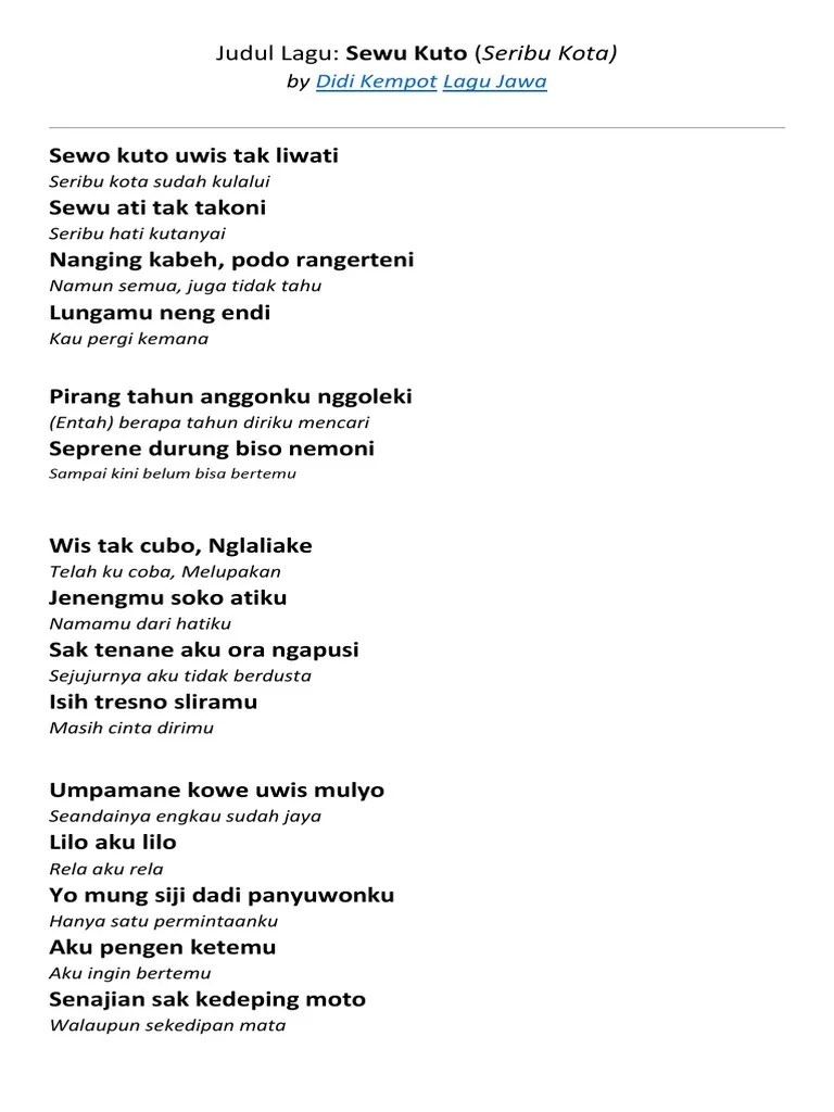 Sewo kuto uwis tak liwati. Lirik Sewu Kuto Seribu Kota By Didi Kempot Pdf