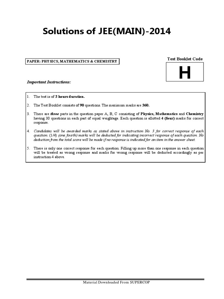 Solutions Of Jee Main 2014 Important Instructions Light