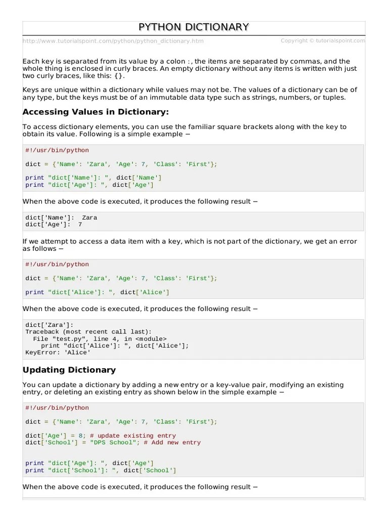 Python Dictionary PDF | Download Free PDF | Bracket | Python ...