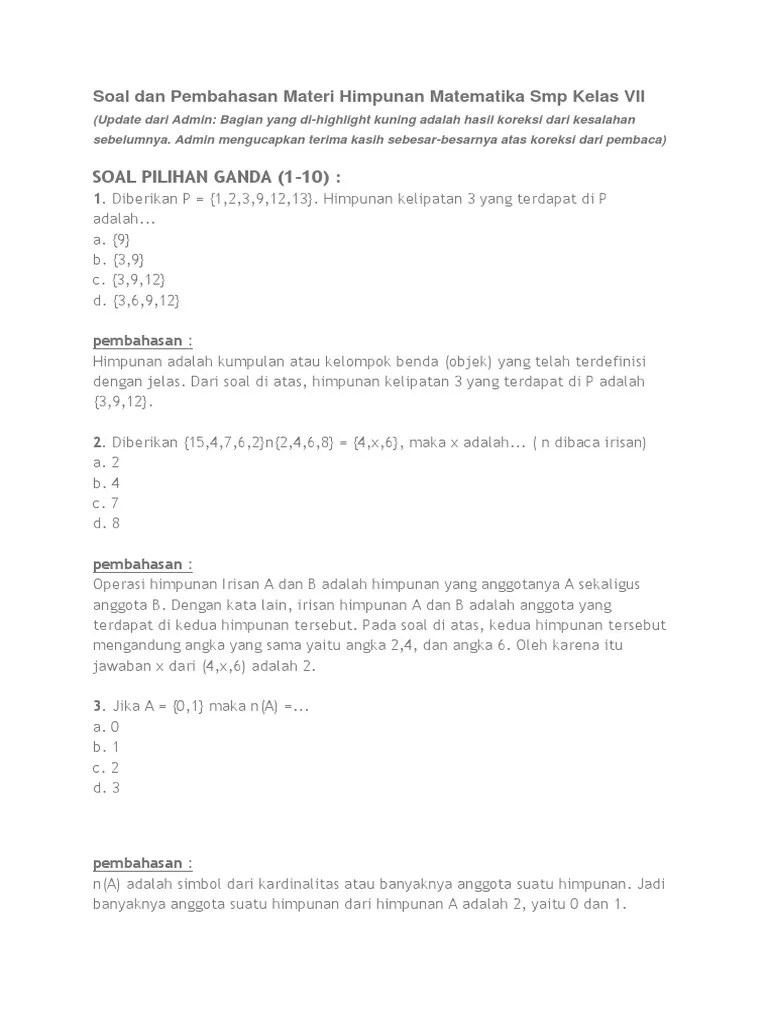 Soal Himpunan Kelas Vii 