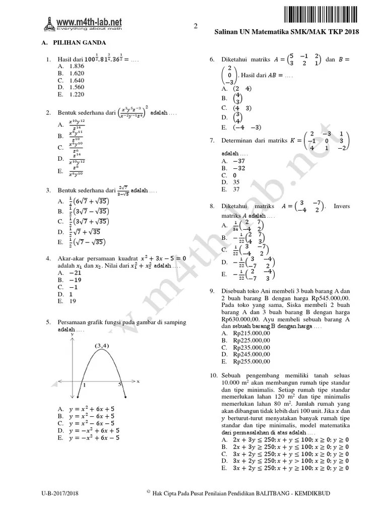 Sangatlah perlu mempelajari soal dan pembahasan unbk sma ipa 2018, 2017, 2016,. Soal Matematika Smk Dan Pembahasannya Dengan