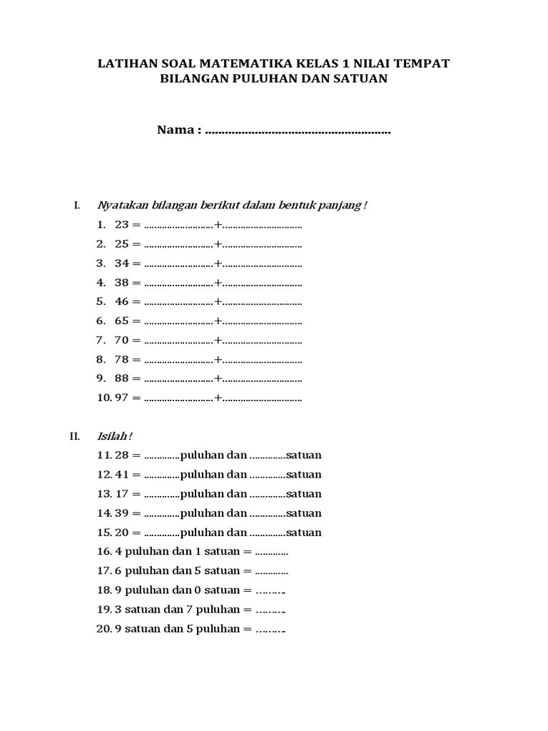 Latihan soal ipa kelas 6, latihan soal ipa kelas 7, latihan soal ipa kelas 3 sd semester 2, latihan soal ipa kelas 8 semester 1, latihan soal ipa kelas 2 sd . Latihan Soal Matematika Kelas 1 Nilai Tempat Bilangan Puluhan Dan Satuan Pdf
