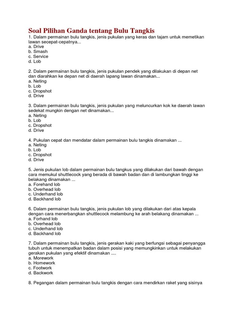 Berilah tanda silang (x) huruf a, b, c, d, atau e pada jawaban yang paling benar! Contoh Soal Essay Penjaskes Kelas 10 Beserta Jawabannya Bab Badminton Beinyu Com