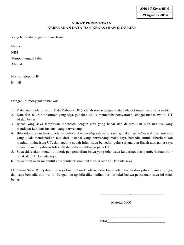 Ada contoh surat pernyataan kesanggupan, surat pernyataan kerja, surat pernyataan menikah, surat pernyataan sikap, dan lain sebagainya. Contoh Surat Pernyataan Kebenaran Data Dan Keabsahan ...