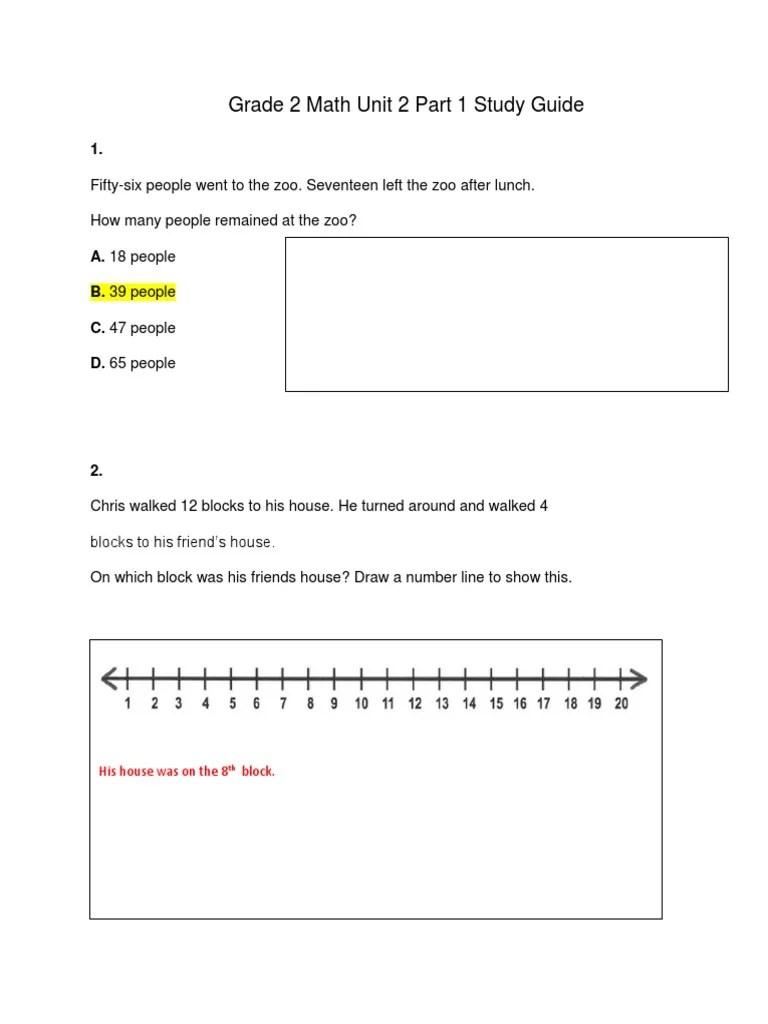 Grade 2 Math Unit 2 Assessment Part 1 Study Guide Answer Key ...