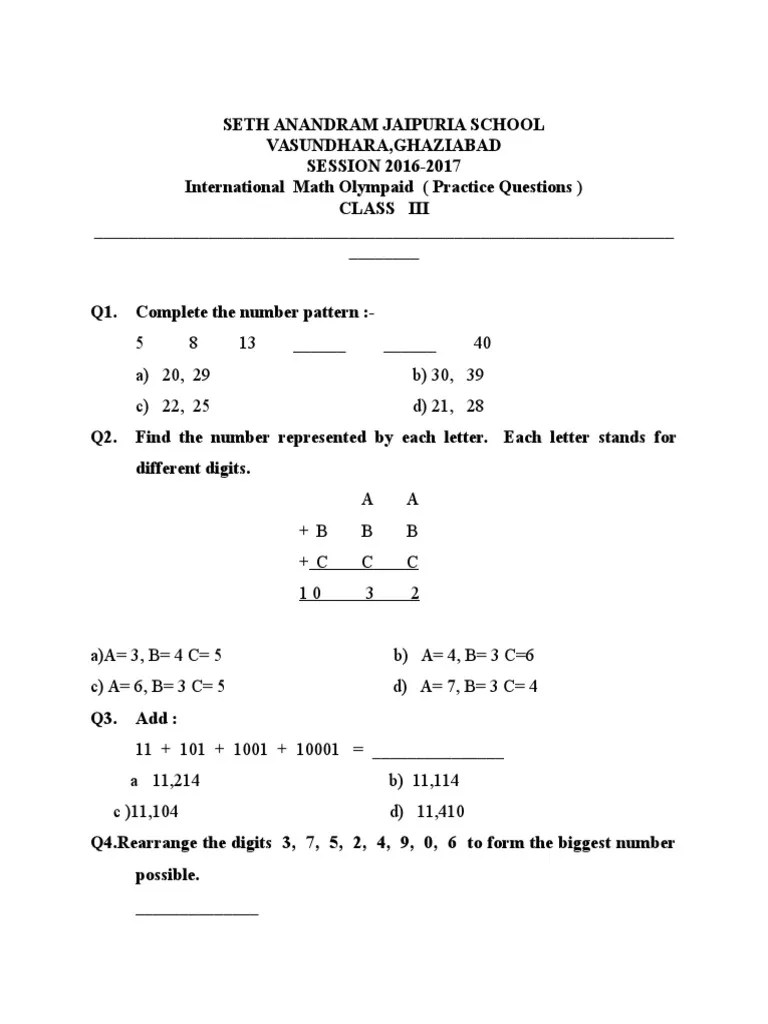 Maths Olympiad Class3 | PDF | Numbers | Teaching Mathematics