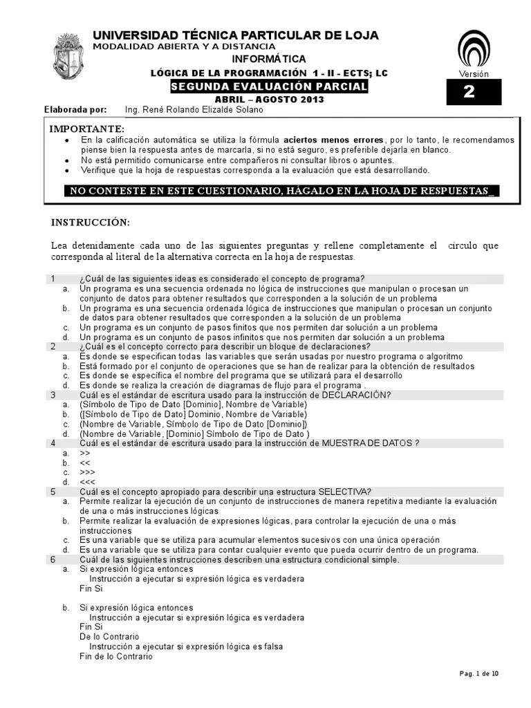 Lógica De La Programación 1 - II Parcial - V2 | PDF | Programa De Computadora | Programación