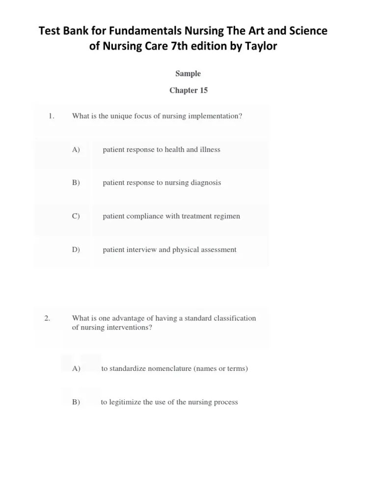 Test Bank For Fundamentals Nursing The Art And Science Of Nursing Care ...