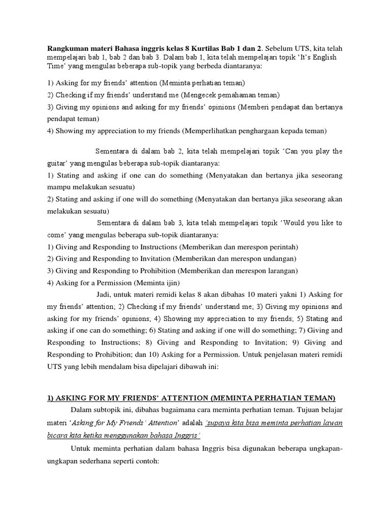 • to ask for my friends' attention. Rangkuman Materi Bahasa Inggris Kelas 8 Kurtilas Bab 1 Dan 2 Pdf