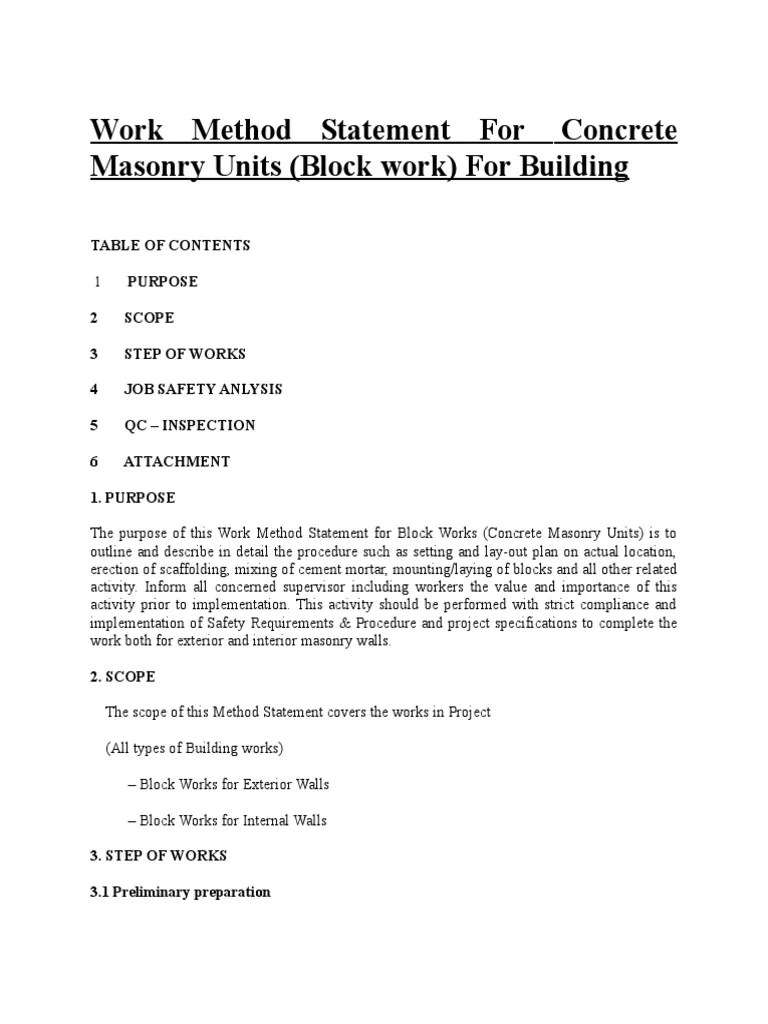 Work Method Statement For Concrete MAsonry | PDF | Masonry ...