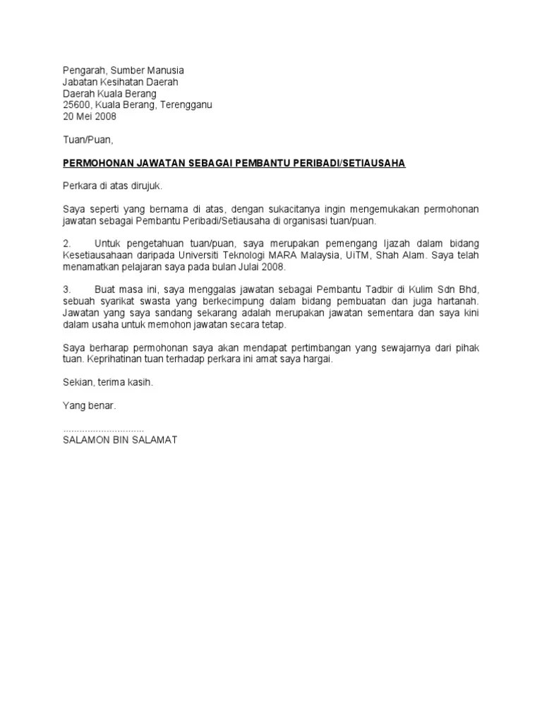 Bukan apa, dengan adanya surat permohonan kerja ni, anda akan dilihat seperti seorang yang professional dalam memohon jawatan kosong. Contoh Surat Permohonan Pdf
