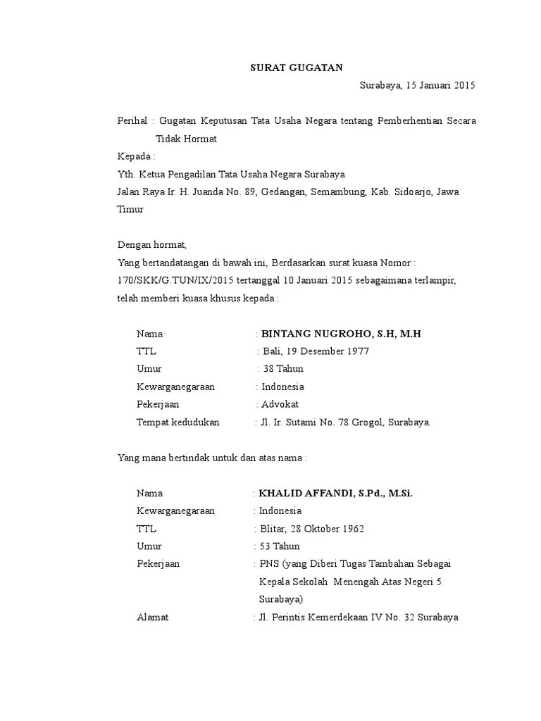 Ketua pengadilan tata usaha negara (ptun) jakarta. Dokumen Tips Surat Gugatan Ptun Pdf