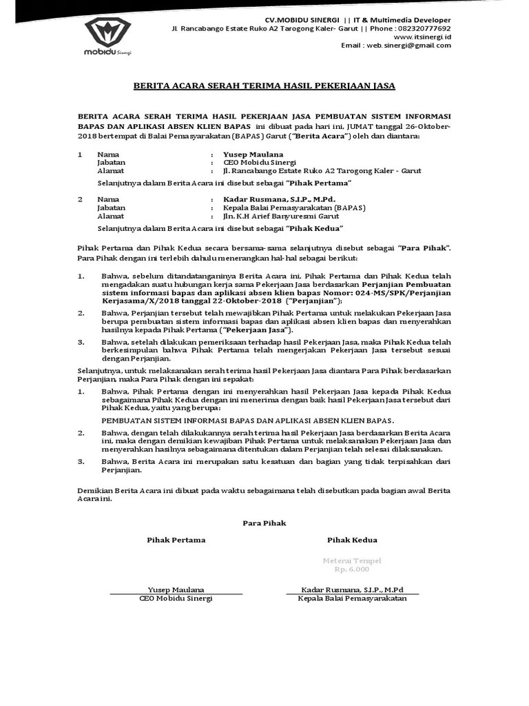 Berdasarkan surat perjanjian kerja (spk) dari «««««««««««««««««««. Berita Acara Serah Terima Hasil Pekerjaan Jasa Pdf