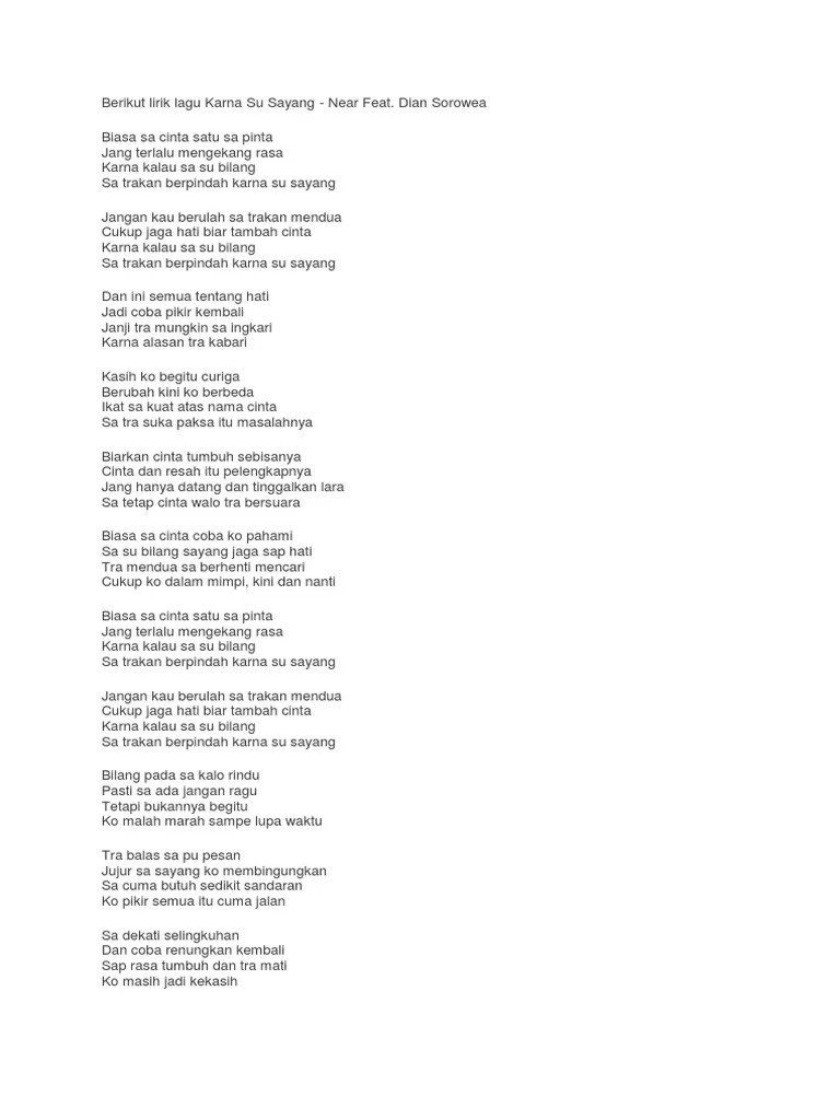 Tidurlah sayang ko kan mimpikan aku Berikut Lirik Lagu Karna Su Sayang