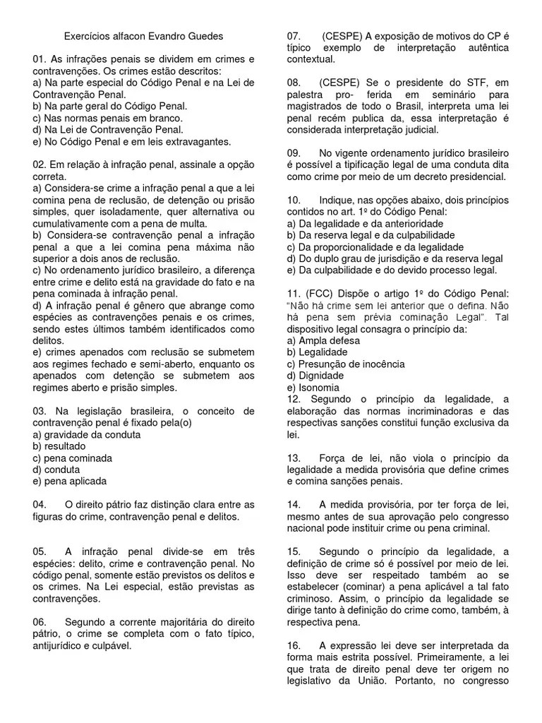 Exercícios Alfacon Evandro Guedes | Download Grátis PDF | Intenção (Direito Penal) | Crime E ...