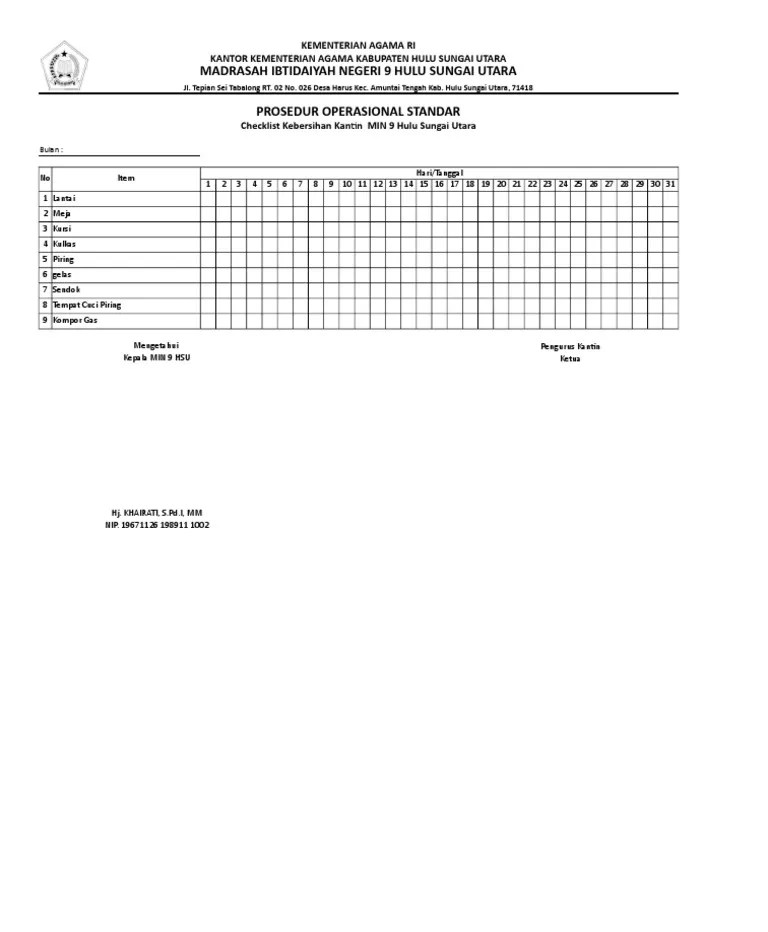 Checklist Kebersihan Kantin Pdf