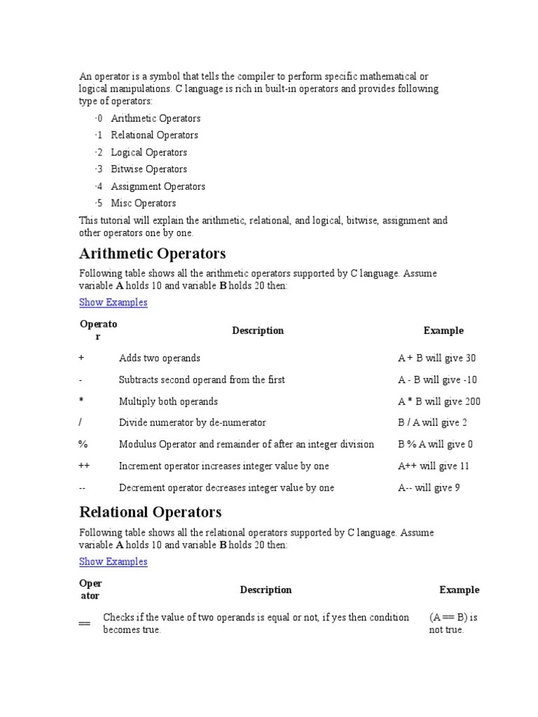 Operators In C | Download Free PDF | C (Programming Language) | Notation