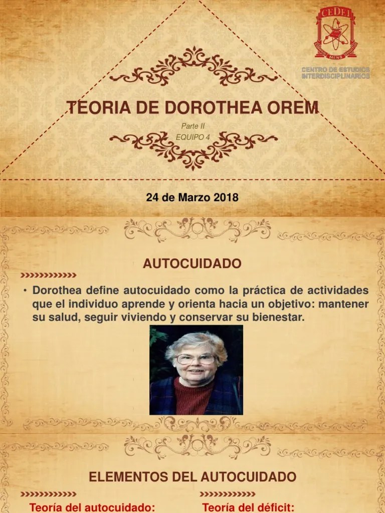 Teoria De Dorothea Orem 24mar18 | PDF | Enfermería | Conceptos Psicologicos