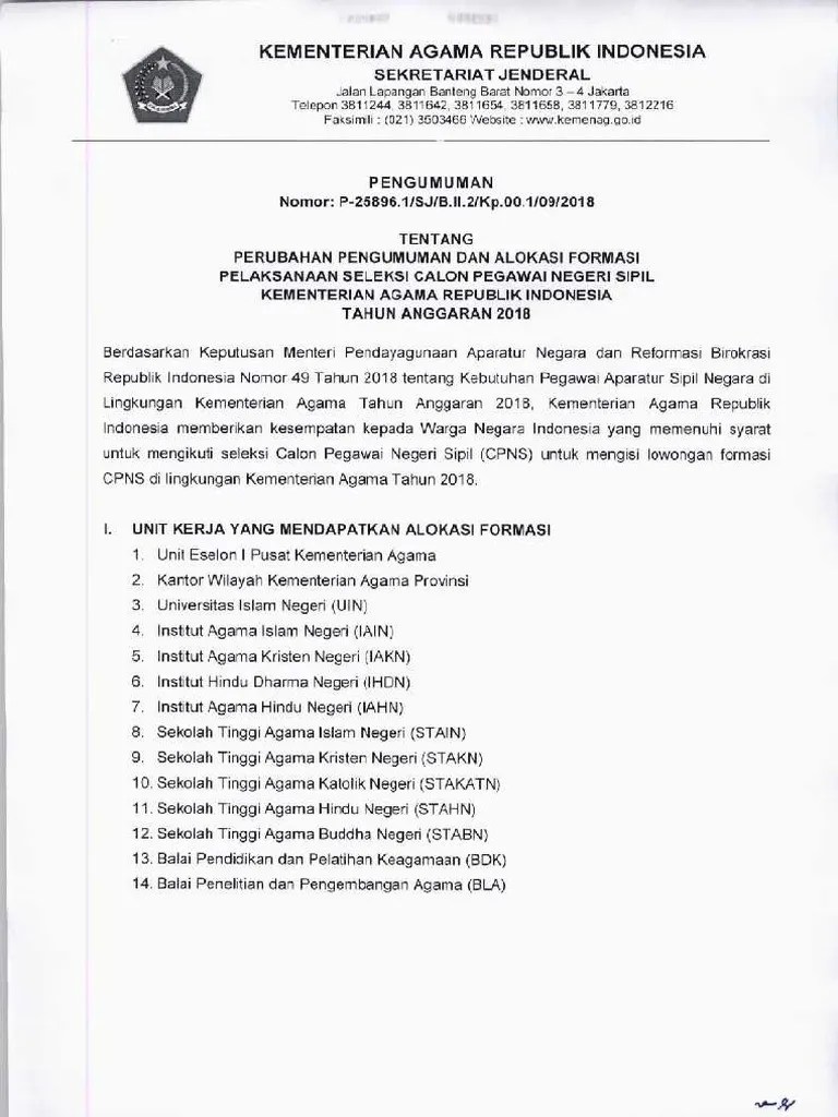 PENGUMUMAN Rincian Formasi CPNS Kementerian Agama 2018 PDF | PDF