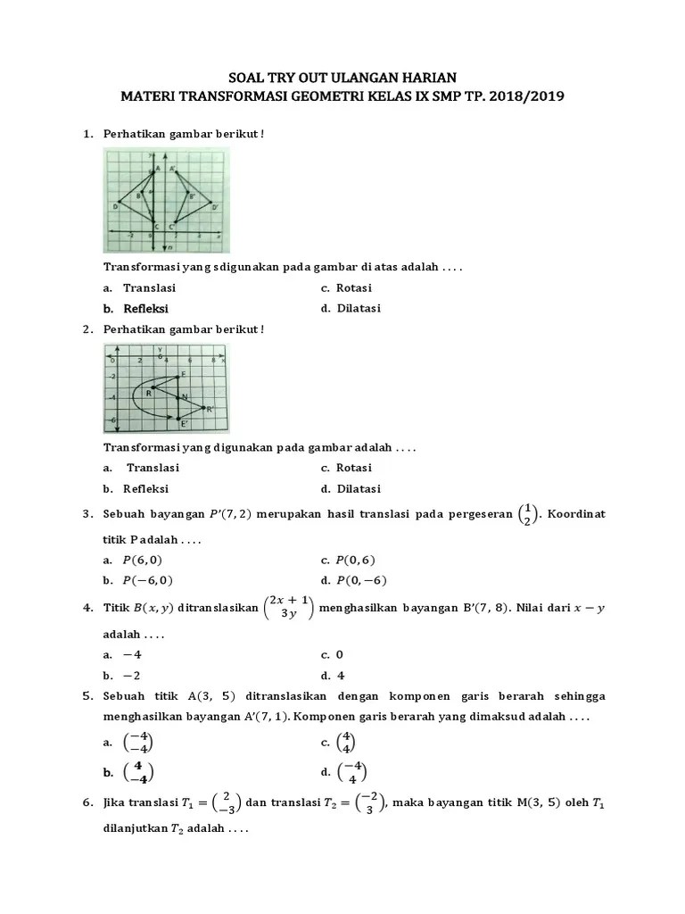 Soal ulangan harian transformasi geometri. Soal Transformasi Geometri Kelas 9 Smp Pdf