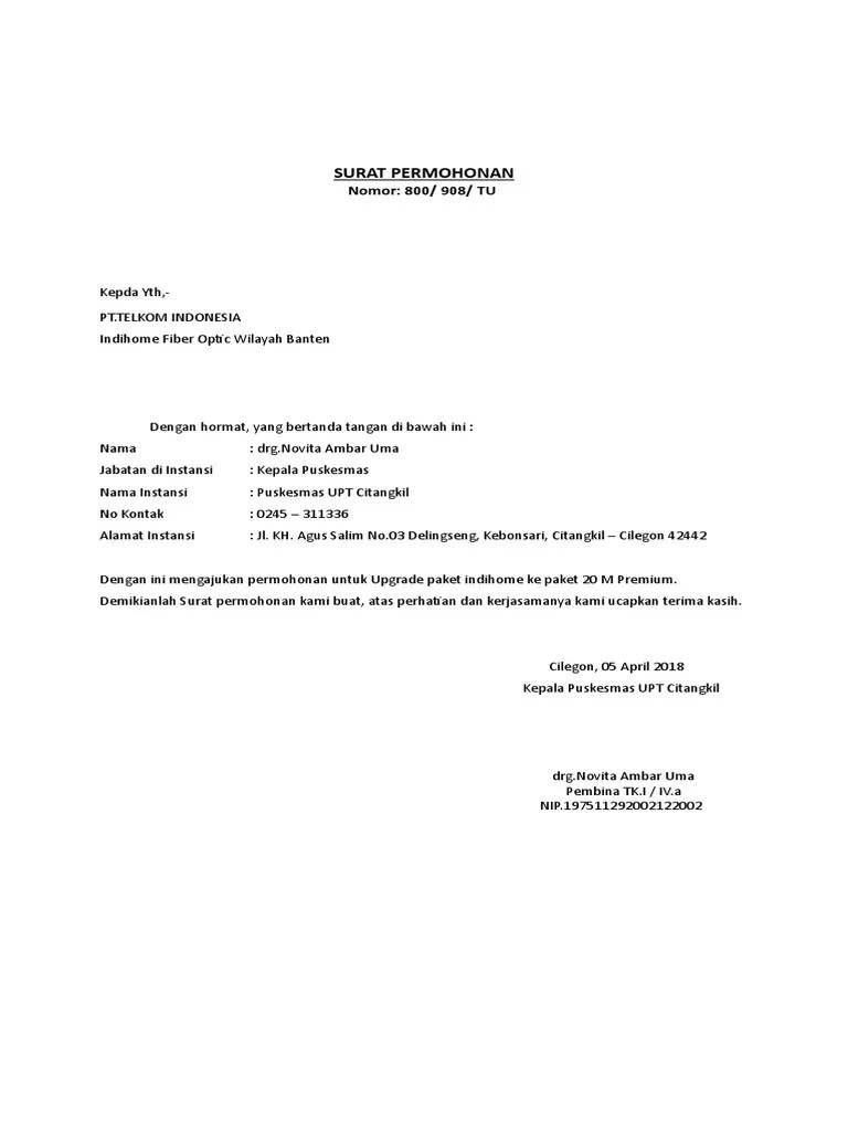 Indihome Surat Permohonan Pdf Surat Permohonan Indihome Instansi.
