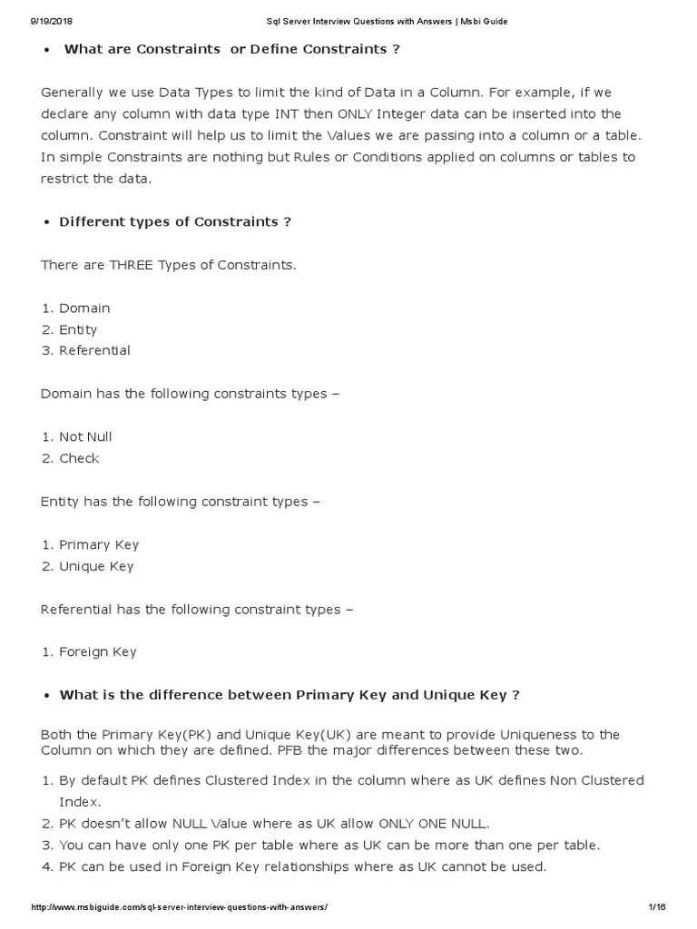 SQL Server Interview Questions With Answers - Msbi Guide | PDF ...
