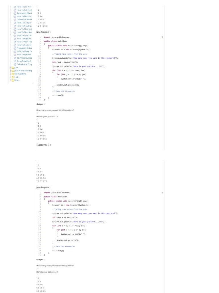 20 Different Number Pattern Programs In Java | PDF | Information ...